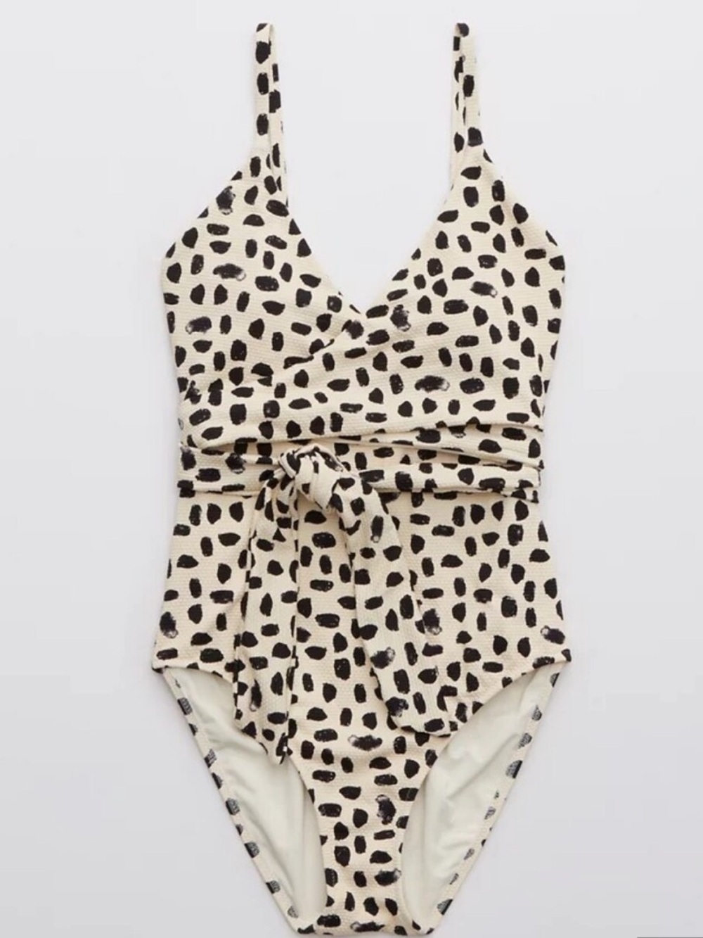 Aerie Pique Wrap One Piece Self-Tie One-Piece Swimsuit in Cream and Black dot